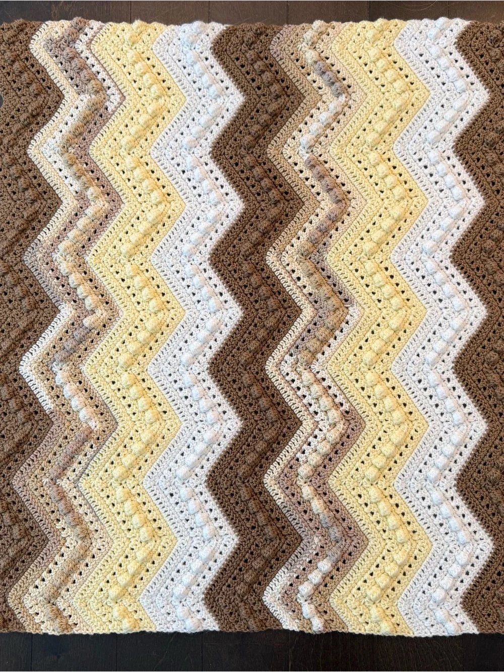 Handmade Chevron Crochet Baby Blanket - Cream, Brown, Pale Yellow, White
